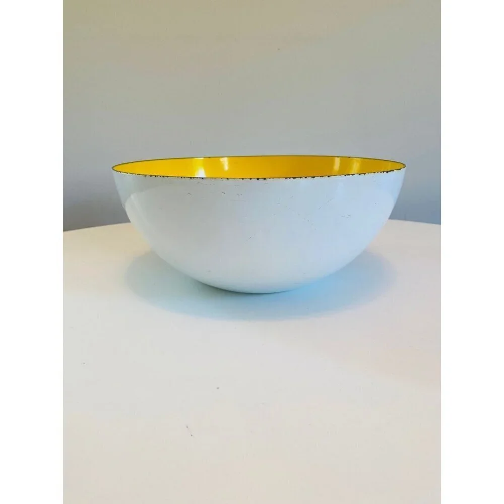 Vintage Yellow and White Enamel Bowl, 11